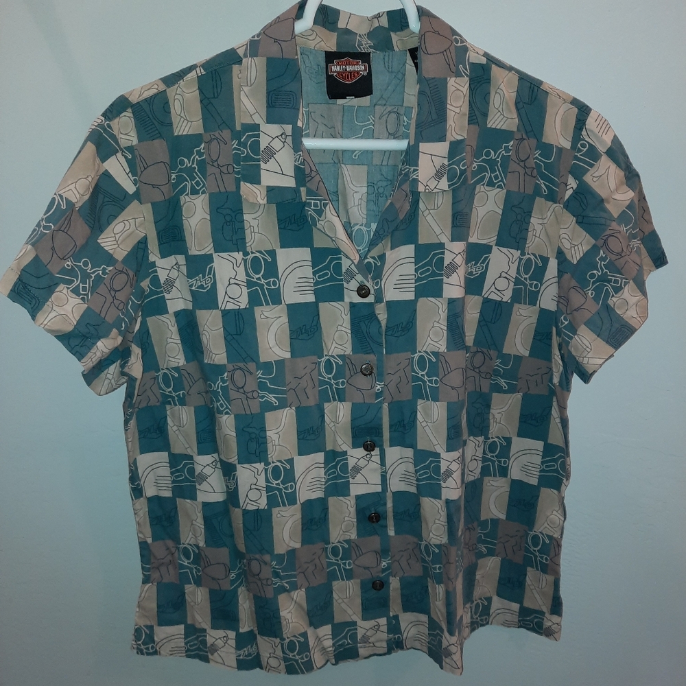 Harley Davidson Womens button down Shirt Size XL blue and gray engine parts EUC